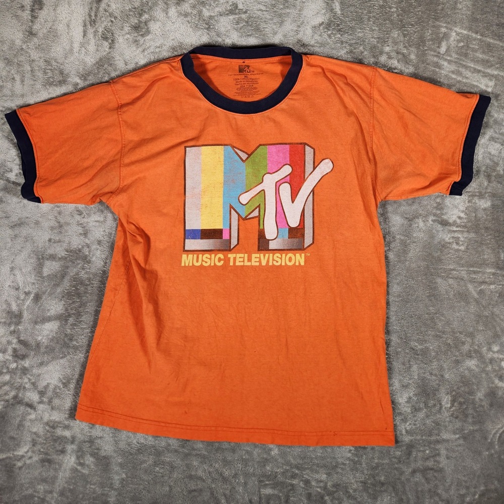 MTV Graphic Ringer T-Shirt Mens XL Orange Excellent Short Sleeve Music TV Logo
